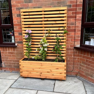 May include: A wooden planter box with a slatted trellis behind it. The planter box is filled with soil and has two plants growing in it. The plants have white and purple flowers. The planter box is sitting on a patio.