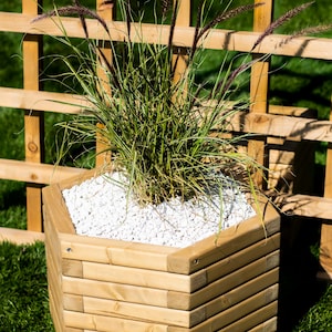 May include: A hexagonal wooden planter with white gravel and a green plant with long, thin leaves. The planter is made of stacked wooden slats and is sitting on a bed of green grass.