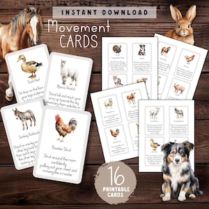 de déplacement des animaux de la ferme | Flashcards imprimables Montessori | Activité de l'unité agricole | Cartes d'action pour enfants | Outils d'apprentissage pour l'école à la maison