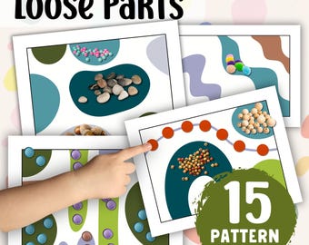 May include: A collection of 15 pattern mats with the words "Loose Parts" and "Instant Download" at the top. The mats feature colorful designs and various small objects like beads and stones. A child's finger points to one of the mats.