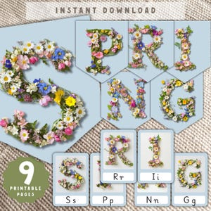 Banderines de letras de primavera, tarjetas con letras de flores, decoración imprimible de temporada, aprendizaje Montessori, decoración de aula de primavera, tablero de estudio con temática de la naturaleza