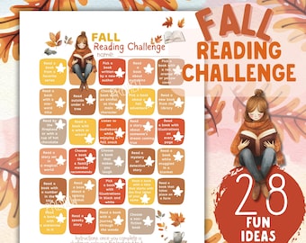 May include: A Fall Reading Challenge printable with 28 fun ideas. The design features a cozy illustration of a person reading, surrounded by autumn leaves. The text includes prompts like "Read a book with illustrations" and "Read a spooky story."
