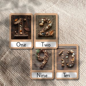 May include: Five cards with numbers 1, 2, 9, and 10 made of natural materials like nuts and twigs. Each card has a brown background and white text with the number spelled out below the number.