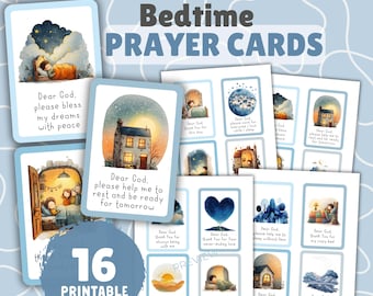 May include: A collection of 16 printable bedtime prayer cards. Each card features a watercolor illustration and a prayer. The cards have a light blue border and include phrases like "Dear God, please bless my dreams with peace."