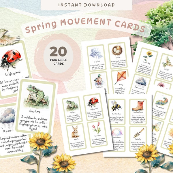 SPRING Movement Cards, Spring Flash Cards, Calming Corner Activity, Montessori homeschool preschool, Movement Kids Action Flashcards