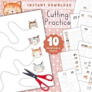 May include: Printable cutting practice worksheets featuring 10 pages with cute cat illustrations.  Each page has a dotted line for children to practice cutting skills.