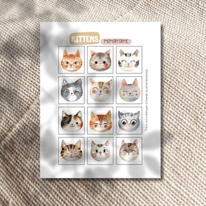 Op de afbeelding: Een printbaar memory-spel met 12 aquarel-illustraties van schattige kittens met verschillende gezichtsuitdrukkingen. Het spel heet "Kittens Memory Game" en bevat instructies om te printen, uit te knippen en te spelen.