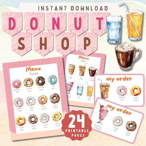 May include: A printable set of 24 pages featuring a donut shop theme. The pages include a menu with different donut flavors, a menu with drink options, and "my order" pages with donuts and drinks to choose from. The pages are decorated with pink and white backgrounds and watercolor illustrations of donuts and drinks.