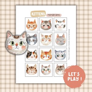 Op de afbeelding: Een printbaar memory-spel met 12 schattige aquarel-kittens-illustraties. Het spel heet "Kittens Memory Game" en bevat instructies om te printen, te lamineren, uit te knippen en te spelen. De tekst "Let's Play!" staat in een rode cirkel onderaan de pagina.