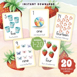 Tarjetas de conteo de verano del 1 al 20 / Números de la naturaleza Montessori imprimibles / Actividad de vacaciones para aprendizaje temprano y estudio de unidades de verano