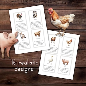 May include: A set of 16 printable cards featuring watercolor illustrations of farm animals. Each card has a different animal and a corresponding action to perform, such as "Turkey Feather Shake" or "Pig Roll".