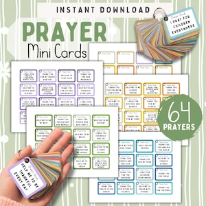 May include: A set of prayer mini cards with the text "Prayer Mini Cards" and "Instant Download". The cards are in various colours and feature phrases such as "Thank you for the sunshine" and "I pray for children everywhere".