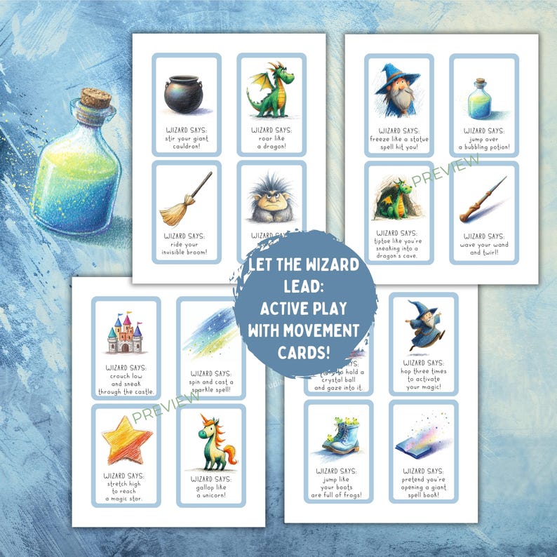 May include: A collection of illustrated wizard-themed movement cards with various prompts, such as "stir your giant cauldron" and "roar like a dragon!" A potion bottle is on the left. The text on the cards reads "LET THE WIZARD LEAD: ACTIVE PLAY WITH MOVEMENT CARDS!"