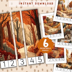 May include: Six printable pages with autumn illustrations. The images show forest scenes and landscapes in warm colours. Each image is divided into numbered sections, with the text "INSTANT DOWNLOAD" at the top.