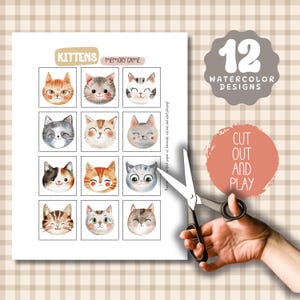 Op de afbeelding: Een printbaar memory-spel met 12 schattige kittens ontworpen in aquarel. Het spel bevat instructies om te printen, te lamineren, uit te knippen en te spelen.