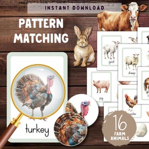 Bijpassende kaarten patroon boerderijdieren | Montessorispel voor natuurstudie | Educatieve boerderijeenheid-flashcards | Activiteit voor kinderen sorteren en matchen