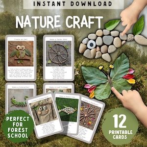 May include: A set of 12 printable nature craft cards, providing instructions for crafting projects using natural materials. The cards showcase projects such as an owl, spider web, caterpillar, leaf collage, happy face, pebble fish, and starburst.