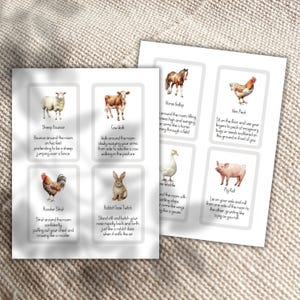 May include: A set of printable cards featuring illustrations of farm animals and instructions for a movement game. The cards are white with gray borders and feature watercolor illustrations of a sheep, cow, horse, hen, rooster, rabbit, goose, and pig.