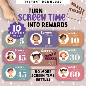 Pode incluir: Um download digital com o texto "Transforme o tempo de tela em recompensas". A imagem apresenta crianças ilustradas e incrementos de tempo de tela de 5, 10, 15, 30, 45 e 60 minutos. As palavras "Chega de batalhas por tempo de tela" também são exibidas.