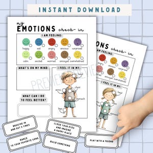 May include: Printable "My Emotions Check-In" worksheet with a child's illustration, emotion circles, and prompts for feelings and coping strategies. Includes "Instant Download" text and suggestion cards like "Play with a friend."