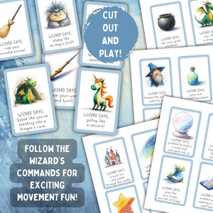 May include: A collection of illustrated cards with wizard-themed commands for movement games. The cards feature drawings of a dragon, unicorn, and other fantasy elements, with phrases like "gallop like a unicorn!" and "stir your giant cauldron!"