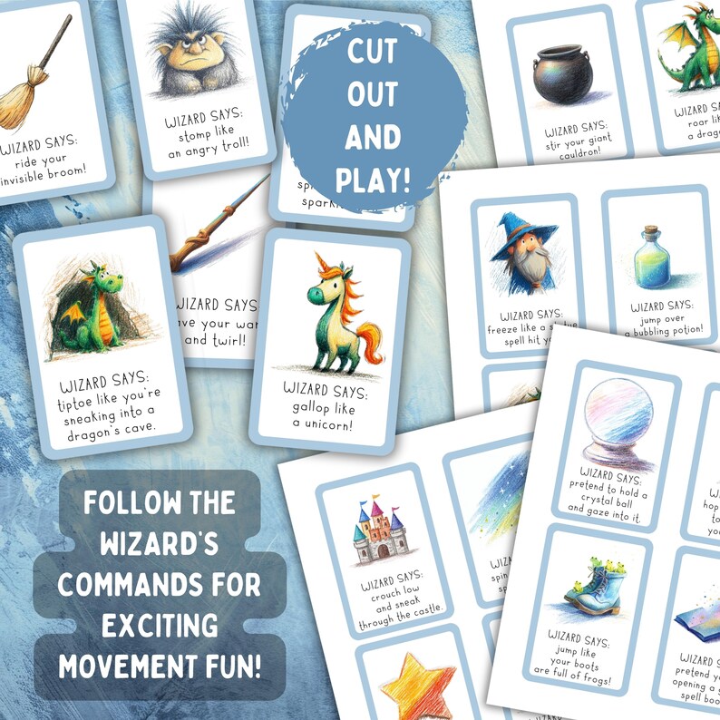 May include: A collection of illustrated cards with wizard-themed commands for movement games. The cards feature drawings of a dragon, unicorn, and other fantasy elements, with phrases like "gallop like a unicorn!" and "stir your giant cauldron!"