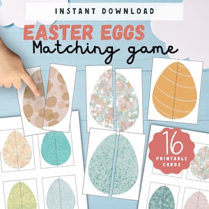 May include: Printable Easter egg matching game with 16 cards featuring different patterns and colors. The cards are cut in half, and players must match the halves to complete the eggs.