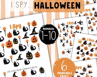 Könnte beinhalten: Ausdruckbare Aktivitätsseiten zum Thema Halloween. Die Seiten zeigen 'Ich sehe was'-Spiele mit Kürbissen, schwarzen Katzen, Hexenhüten und anderen Halloween-bezogenen Objekten. Das Set enthält 6 druckbare Seiten mit den Zahlen 1-10.