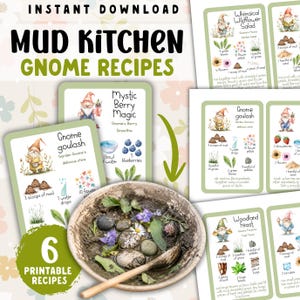 Mud Kitchen Recipe Cards Printable PDF | Garden Gnome Outdoor Pretend Play Activity for Kids