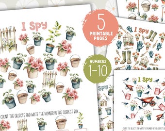 Juego de buscar y encontrar en el jardín de primavera: páginas de actividades imprimibles con números del 1 al 10. Libro de actividades para niños pequeños y preescolares.