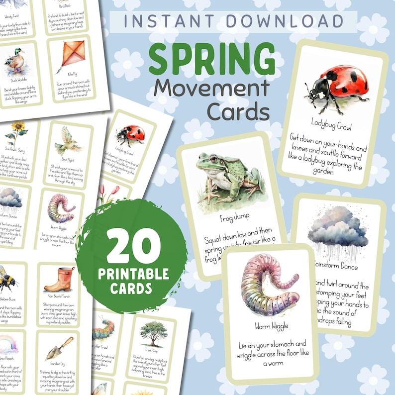 Spring Movement Cards for Kids | Active Play Activity | Brain Break Flashcards | Preschool Printable PDF image 1