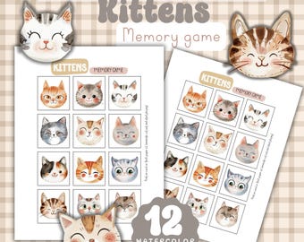 Kätzchen Zuordnugs Spiel zum Ausdrucken | Lustige Katzen-Erinnerungskarten für Kinder | Edukative Aktivität | Sofort Download