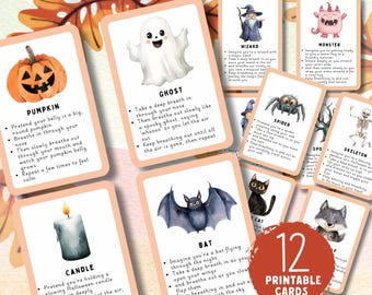 以下が含まれることがあります： ハロウィーンをテーマにしたイラストと呼吸エクササイズの説明が書かれた、12枚の印刷可能なカードのセット。カボチャ、幽霊、魔法使い、モンスター、クモなどの画像が含まれています。「Instant Download」の文字が上部に表示されています。また、「12 Printable Cards」の文字も表示されています。