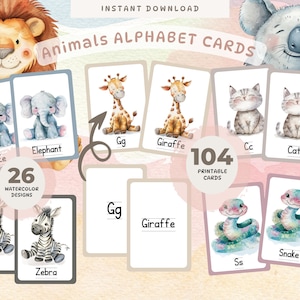 Watercolor Animals Alphabet Cards, Printable ABC Flash Cards, Kindergarten Classroom Decor, Toddlers Preschool Early Learning, Learn to Read