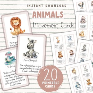 Cute ANIMALS Movement Cards, Spring Flash Cards, Calming Corner Activity, Montessori homeschool preschool, Movement Kids Action Flashcards