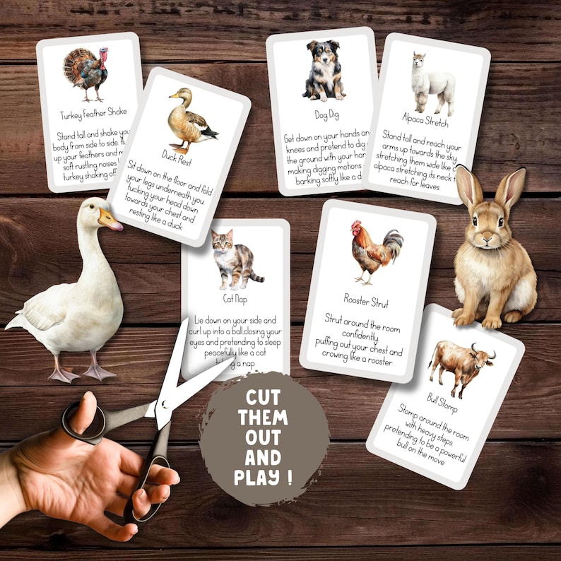 May include: A set of printable animal movement cards featuring illustrations of a turkey, duck, dog, alpaca, cat, rooster, and bull. The cards include instructions for each animal movement, such as "Turkey Feather Shake" and "Bull Stomp".