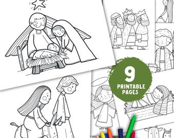 May include: A collection of nine printable coloring pages featuring Nativity scenes. The black and white illustrations include the Holy Family, the Three Wise Men, angels, and other biblical figures. The words "Instant Download" are at the top.