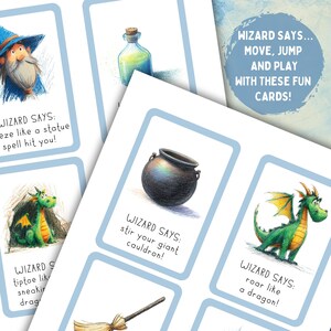 May include: A collection of illustrated game cards with a wizard theme. The cards feature images of a wizard, potion bottle, cauldron, dragon, and broom. Text on the cards reads "Wizard Says..." followed by instructions like "stir your giant cauldron!"