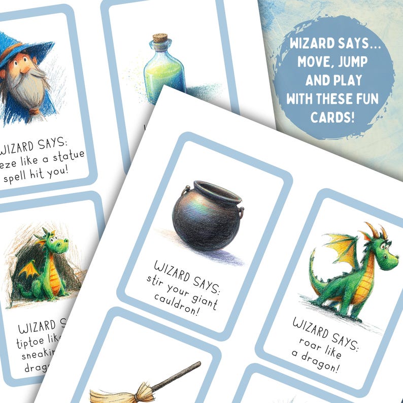 May include: A collection of illustrated game cards with a wizard theme. The cards feature images of a wizard, potion bottle, cauldron, dragon, and broom. Text on the cards reads "Wizard Says..." followed by instructions like "stir your giant cauldron!"