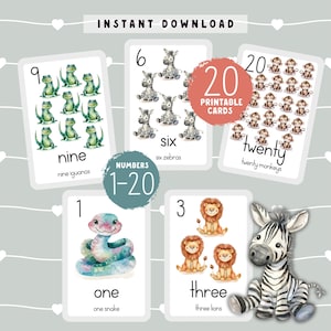 Cartões de números de animais de 1 a 20 | Flashcards de contagem imprimíveis para pré-escola e jardim de infância | Atividade de matemática inicial | Aprenda a contar