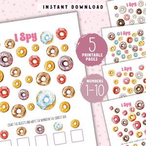 I Spy DONUTS Telspel 1-10 | Afdrukbare Montessori-activiteitenpagina's | Spel met donutthema voor kinderen | Leer tellen | Nummerherkenning