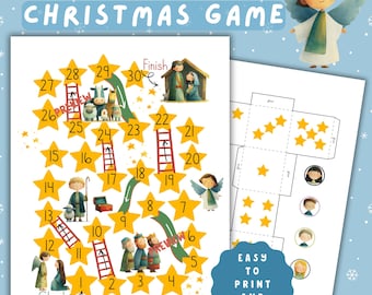May include: A printable Christmas game with a star-shaped board, ladders, and illustrations of angels, shepherds, and the nativity scene. The game includes a die template and character cutouts. Text on the image says "Christmas Game" and "Easy to Print and Play."