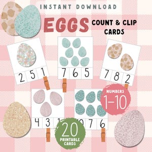 Compter les oeufs de Pâques et cartes à clipser Activité de calcul mathématique Montessori à imprimer au printemps pour enfants Jeu de motricité fine