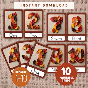 Puede incluir: Tarjetas de números imprimibles del 1 al 10, con números hechos de coloridas hojas de otoño. Cada tarjeta tiene un borde marrón y una etiqueta blanca con el nombre del número. También se ven las palabras "Descarga instantánea" y "Tarjetas imprimibles".