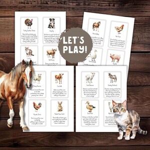 May include: A set of printable cards featuring illustrations of various animals, each with a corresponding action to perform. The cards are titled "Let's Play!" and include actions like "Turkey Feather Shake", "Dog Dig", "Cat Pounce", "Bull Stomp", "Horse Gallop", "Sheep Bounce", "Cow Walk", "Goat Balance", "Donkey Kickback", "Rooster Strut", "Rabbit Nose Twitch", "Duck Float", and "Alpaca Stand".
