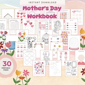 30 pages Mother's Day Activity Workbook, Printable Bundle Mothers Day games Coloring page Maze Wordsearch,  Preschool Worksheets