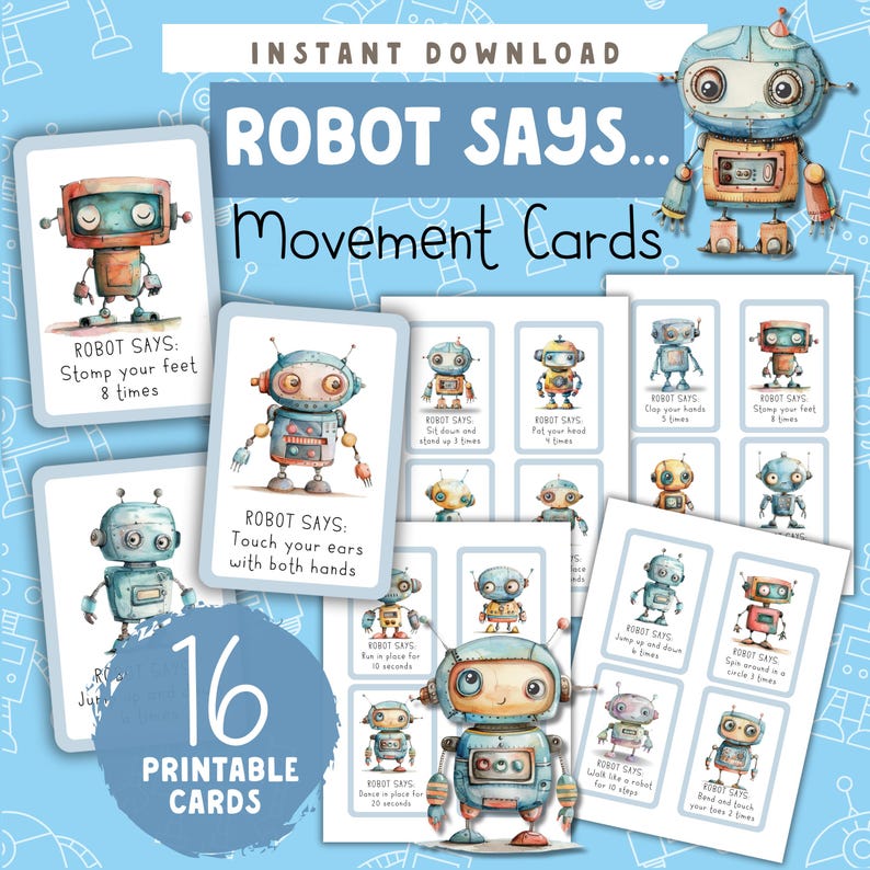 Cartões de movimento do robô: atividade de exercícios para crianças (PDF) imagem 1