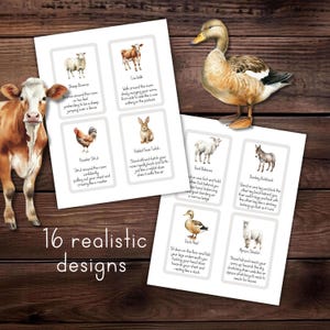 May include: A set of 16 printable cards featuring different farm animals with instructions for a game. Each card has a color illustration of an animal, such as a sheep, cow, rooster, rabbit, goat, donkey, duck, and alpaca, and a description of how to act like that animal.