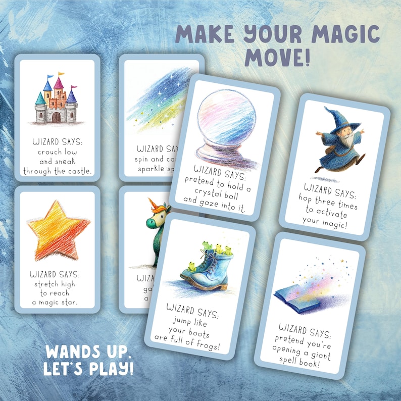 May include: A set of illustrated cards with a wizard theme. Each card features a whimsical drawing and a playful instruction, such as "hop three times to activate your magic!" The cards are light blue with white borders and text.