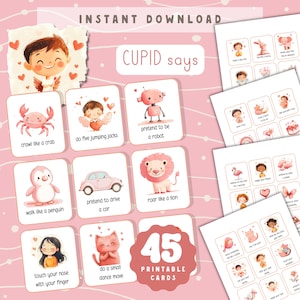 Gioco di San Valentino "Cupido dice" / Carte stampabili di Simon dice / Attività divertenti di San Valentino per bambini / Carte di movimento / Giochi di educazione fisica